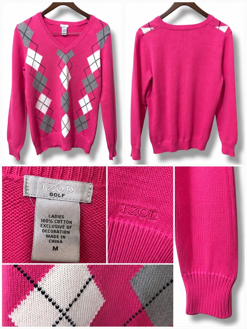 IZOD Golf | VTG Y2K 100% Cotton Women's Hot Pink White Argyle V-Neck Sweater(M) - Picture 2 of 14